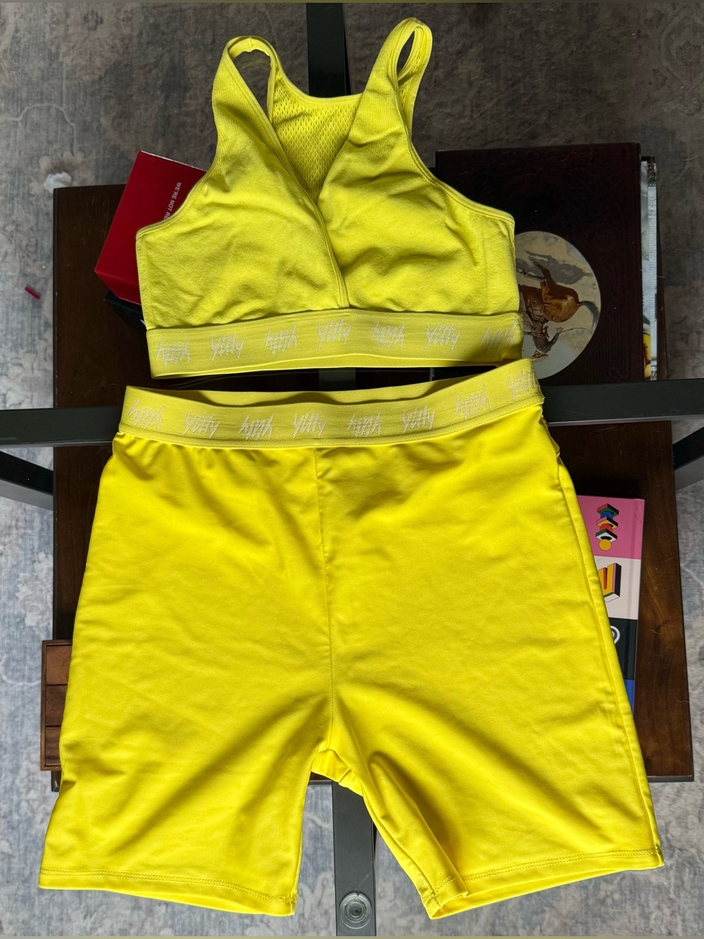 YITTY Yellow Sports Bra & Biker Shorts Matching Set Size Large